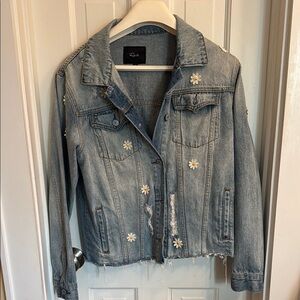 Blue Denim Jacket with Floral Accents